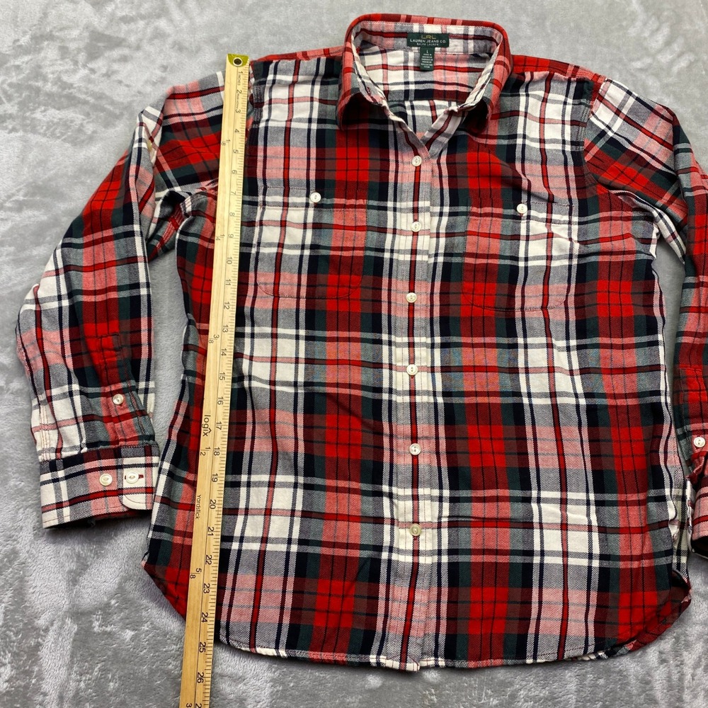 LRL Lauren Jeans‎ Co Ralph Lauren Plaid Flannel Shirt Red Long Sleeve Top Size L - Picture 2 of 7